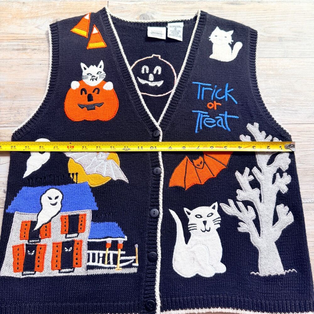 Vintage Halloween Sweater Vest Medium Cats Ghosts Haunted House Trick or Treat - Picture 7 of 10
